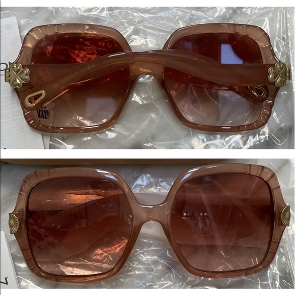 CHLOE SCALLOPED NUDE PINK TRANSPARENT SQUARE SUNGLASSES SUN  HEART MOTIF HINGES - Picture 2 of 16
